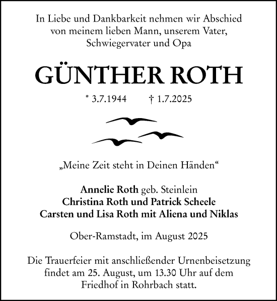 Traueranzeige von Günther Roth von Darmstädter Echo