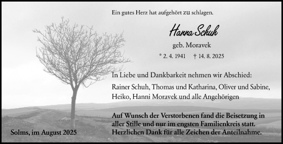 Traueranzeige von Hanna Schuh von Wetzlarer Neue Zeitung