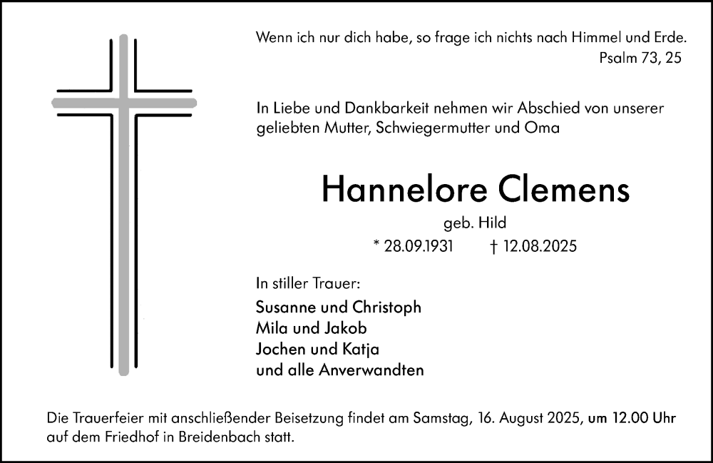  Traueranzeige für Hannelore Clemens vom 14.08.2025 aus Hinterländer Anzeiger