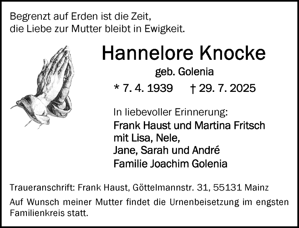  Traueranzeige für Hannelore Knocke vom 23.08.2025 aus Allgemeine Zeitung Mainz