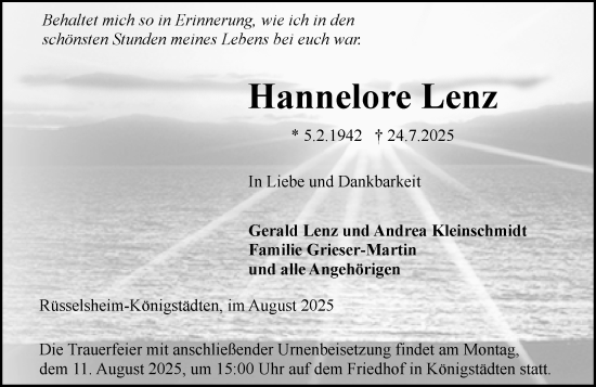 Traueranzeige von Hannelore Lenz von Rüsselsheimer Echo