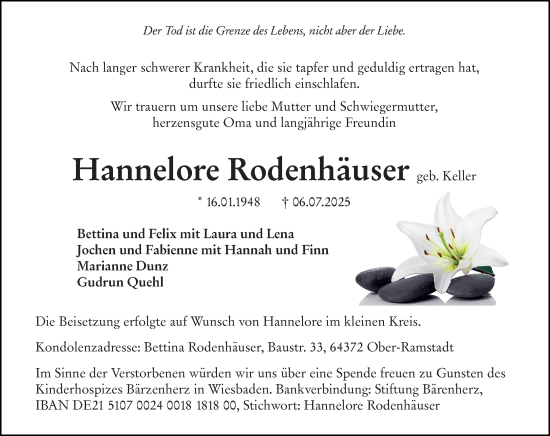 Traueranzeige von Hannelore Rodenhäuser von Darmstädter Echo