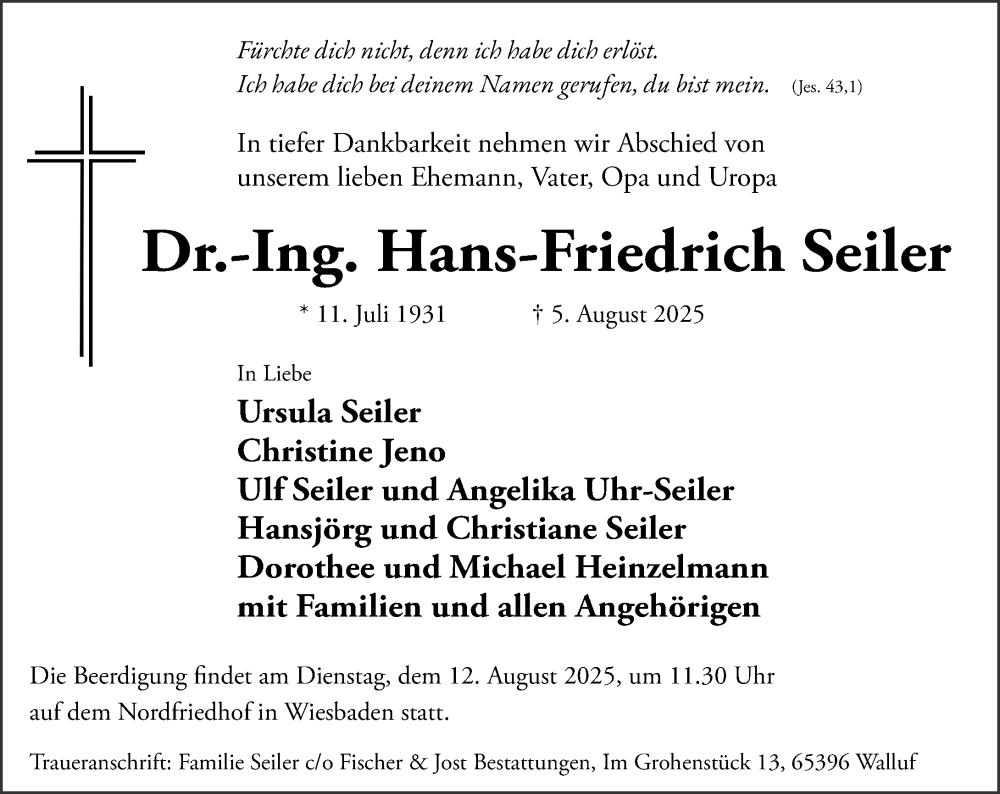  Traueranzeige für Hans-Friedrich Seiler vom 09.08.2025 aus Wiesbadener Kurier