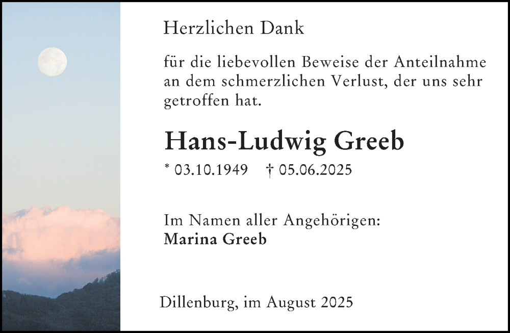  Traueranzeige für Hans-Ludwig Greeb vom 09.08.2025 aus Dill Block