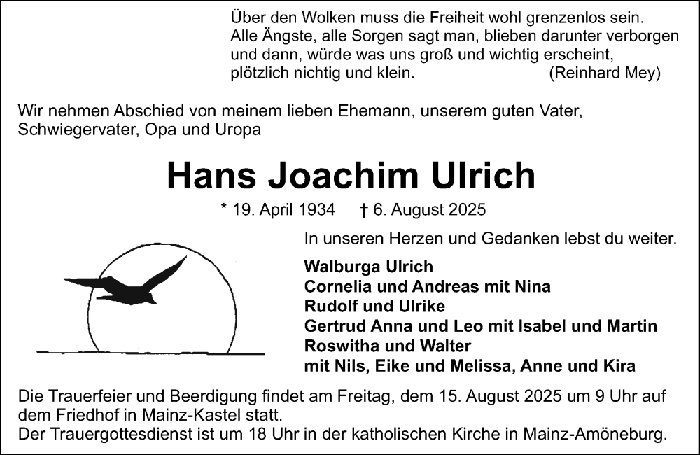  Traueranzeige für Hans Joachim Ulrich vom 13.08.2025 aus Wiesbadener Kurier