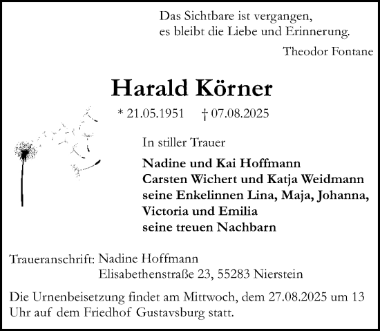 Traueranzeige von Harald Körner von Allgemeine Zeitung Mainz