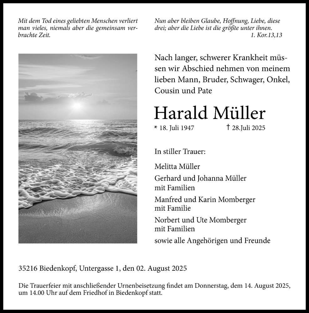  Traueranzeige für Harald Müller vom 05.08.2025 aus Hinterländer Anzeiger