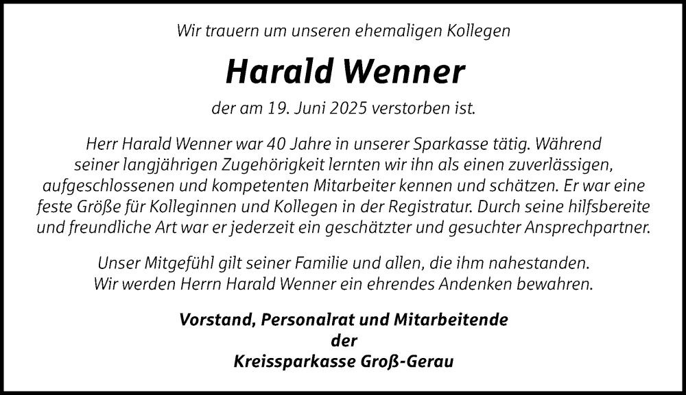  Traueranzeige für Harald Wenner vom 02.08.2025 aus Groß-Gerauer Echo