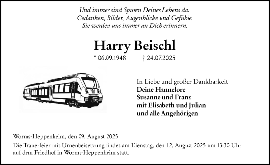 Traueranzeige von Harry Beischl von Wormser Zeitung