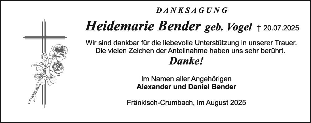  Traueranzeige für Heidemarie Bender vom 23.08.2025 aus Odenwälder Echo