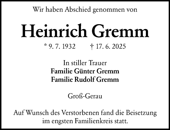 Traueranzeige von Heinrich Gremm von Groß-Gerauer Echo