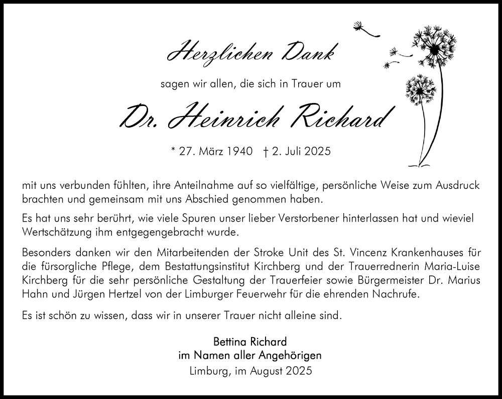  Traueranzeige für Heinrich Richard vom 16.08.2025 aus Nassauische Neue Presse
