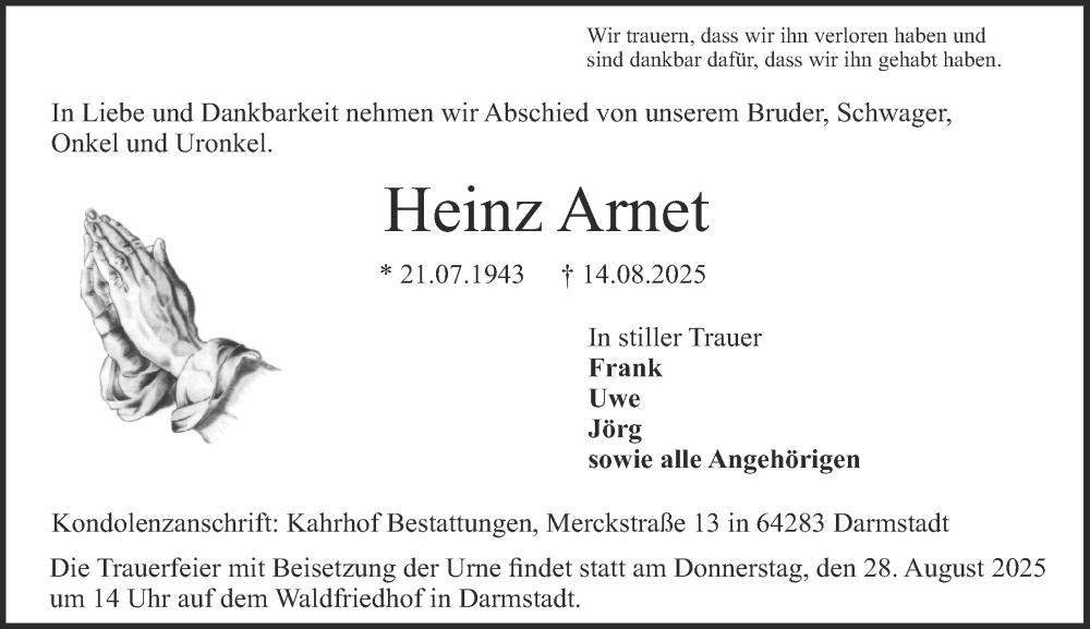  Traueranzeige für Heinz Arnet vom 23.08.2025 aus Darmstädter Echo