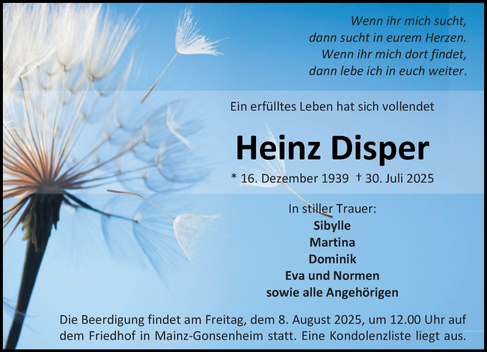  Traueranzeige für Heinz Disper vom 02.08.2025 aus Allgemeine Zeitung Mainz