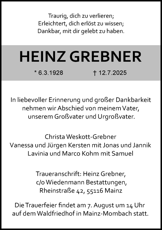 Traueranzeige von Heinz Grebner von Allgemeine Zeitung Mainz