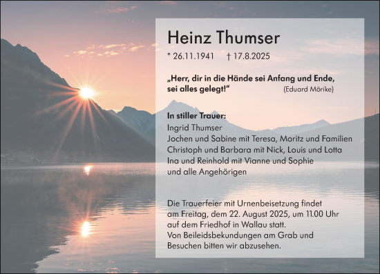 Traueranzeige von Heinz Thumser von Hinterländer Anzeiger