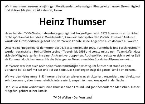 Traueranzeige von Heinz Thumser von Hinterländer Anzeiger