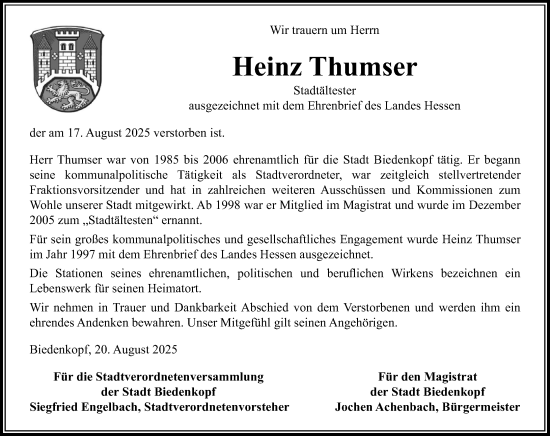 Traueranzeige von Heinz Thumser von Hinterländer Anzeiger