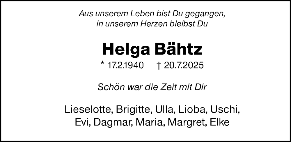  Traueranzeige für Helga Bähtz vom 01.08.2025 aus Hochheimer Zeitung