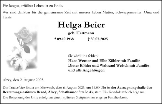 Traueranzeige von Helga Beier von Allgemeine Zeitung Alzey