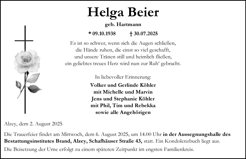  Traueranzeige für Helga Beier vom 02.08.2025 aus Allgemeine Zeitung Alzey