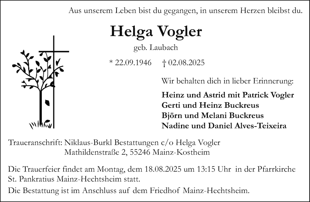  Traueranzeige für Helga Vogler vom 13.08.2025 aus Allgemeine Zeitung Mainz