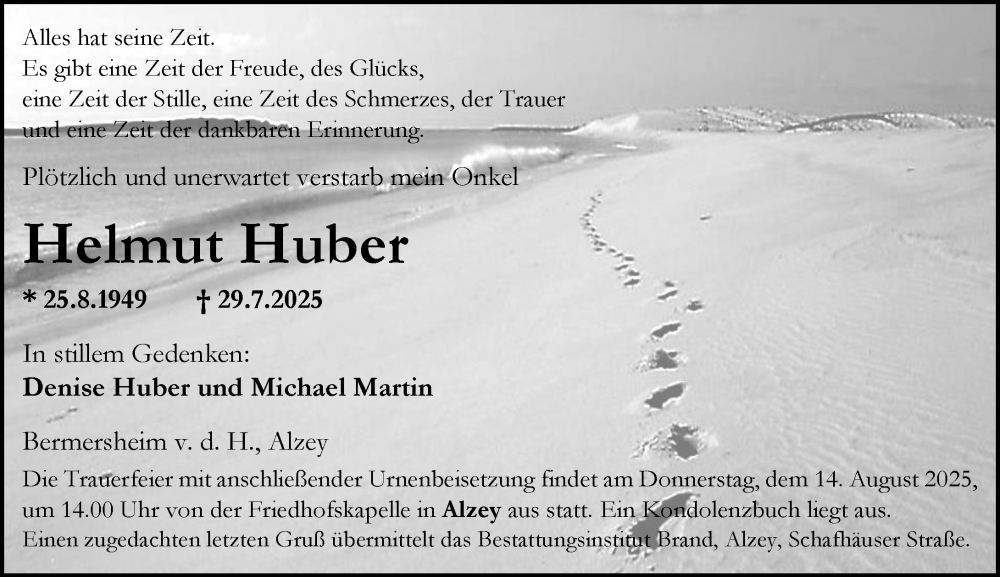  Traueranzeige für Helmut Huber vom 09.08.2025 aus Allgemeine Zeitung Alzey
