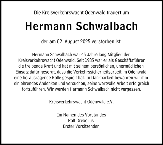 Traueranzeige von Hermann Schwalbach von Odenwälder Echo