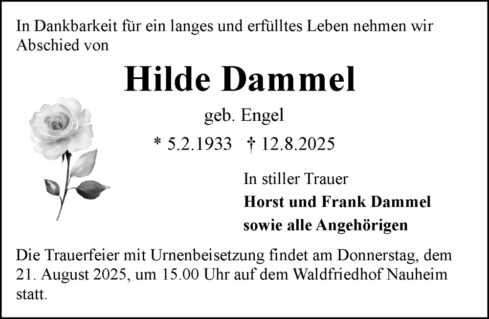  Traueranzeige für Hilde Dammel vom 16.08.2025 aus Groß-Gerauer Echo