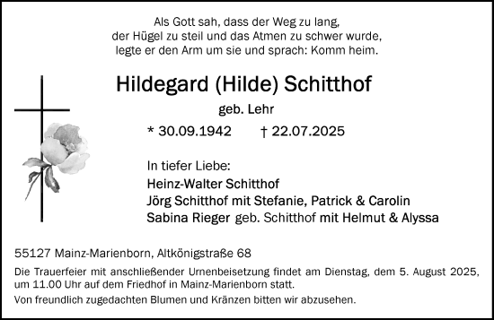 Traueranzeige von Hildegard Schitthof von Allgemeine Zeitung Mainz
