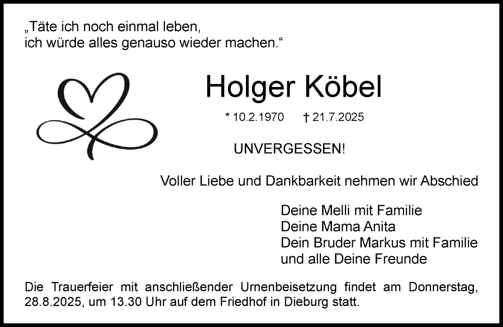  Traueranzeige für Holger Köbel vom 23.08.2025 aus Dieburger Anzeiger/Groß-Zimmerner Lokal-Anzeiger