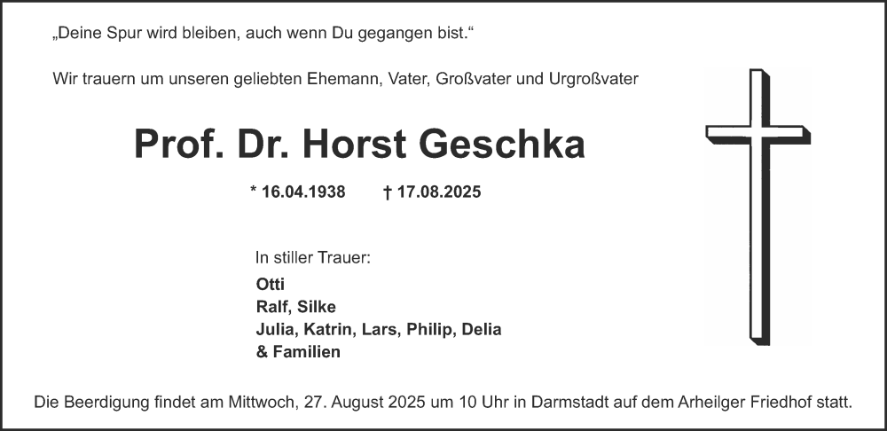  Traueranzeige für Horst Geschka vom 23.08.2025 aus Darmstädter Echo