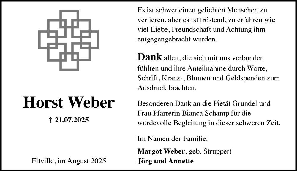 Traueranzeige für Horst Weber vom 16.08.2025 aus Rheingau Kurier