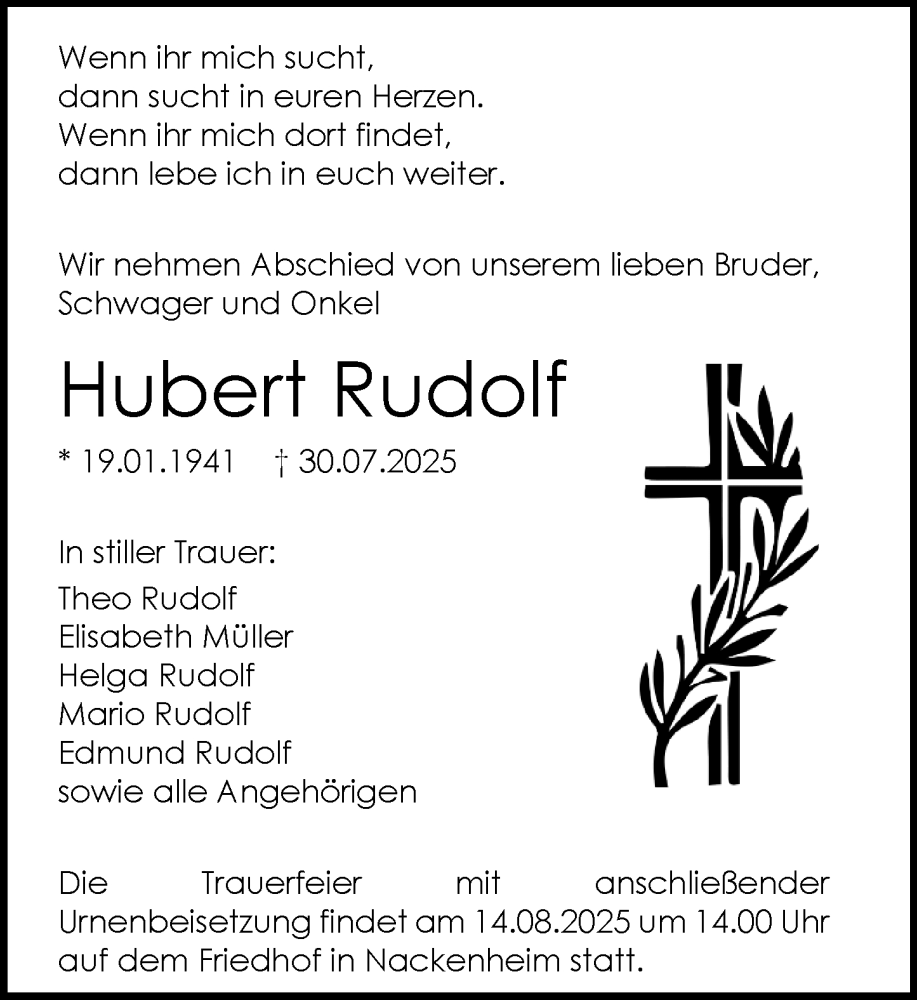  Traueranzeige für Hubert Rudolf vom 09.08.2025 aus Allgemeine Zeitung Mainz