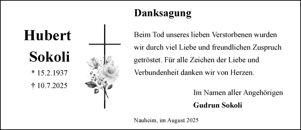  Traueranzeige für Hubert Sokoli vom 16.08.2025 aus Rüsselsheimer Echo