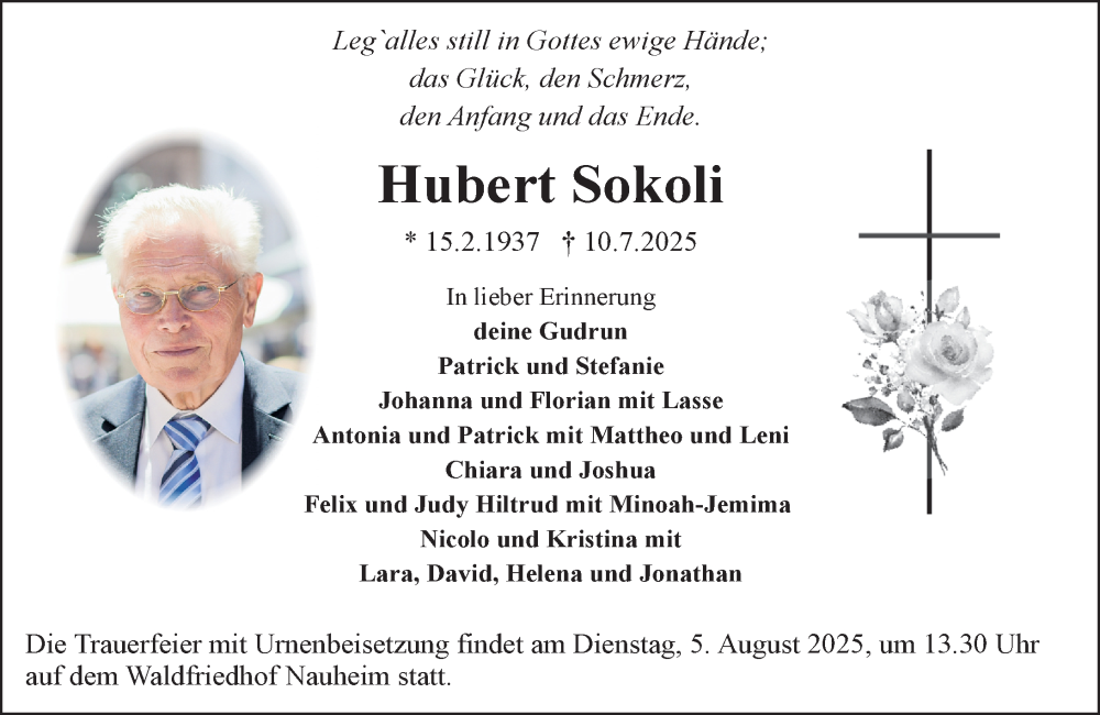  Traueranzeige für Hubert Sokoli vom 02.08.2025 aus Rüsselsheimer Echo