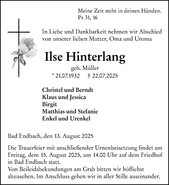 Traueranzeige von Ilse Hinterlang von Hinterländer Anzeiger