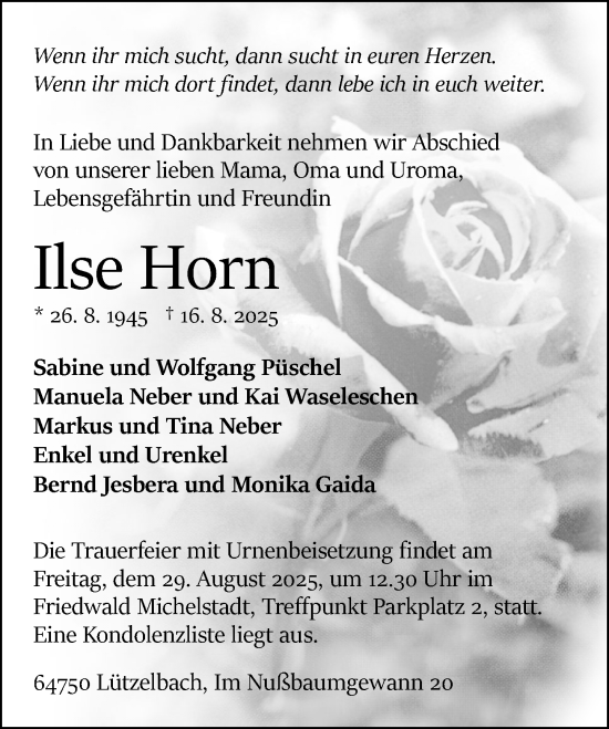 Traueranzeige von Ilse Horn von Odenwälder Echo