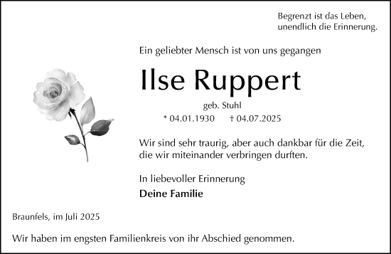 Traueranzeige von Ilse Ruppert von Wetzlarer Neue Zeitung