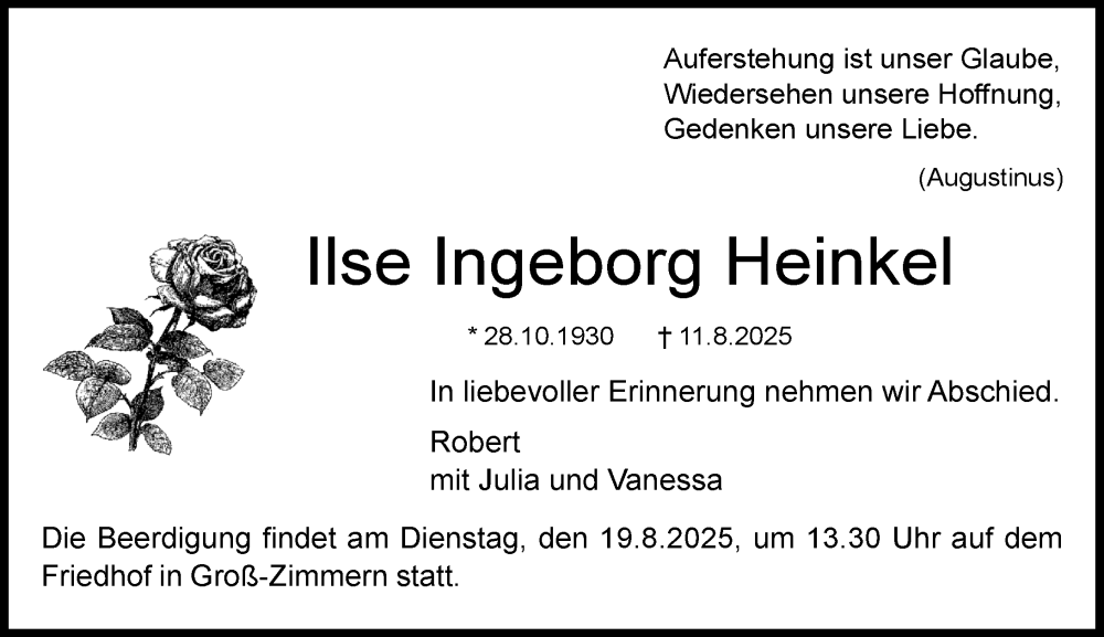  Traueranzeige für Ilse Ingeborg Heinkel vom 16.08.2025 aus Dieburger Anzeiger/Groß-Zimmerner Lokal-Anzeiger