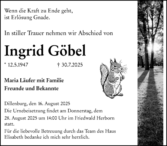 Traueranzeige von Ingrid Göbel von Dill Block