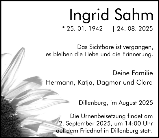 Traueranzeige von Ingrid Sahm von Dill Block
