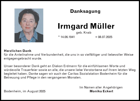 Traueranzeige von Irmgard Müller von Allgemeine Zeitung Mainz
