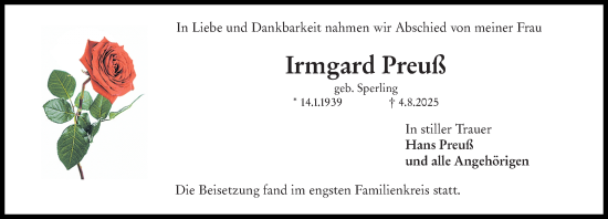 Traueranzeige von Irmgard Preuß von Darmstädter Echo