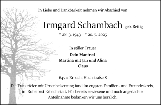 Traueranzeige von Irmgard Schambach von Odenwälder Echo