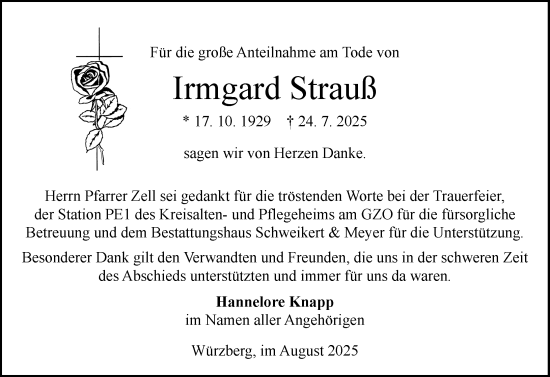 Traueranzeige von Irmgard Strauss von Odenwälder Echo