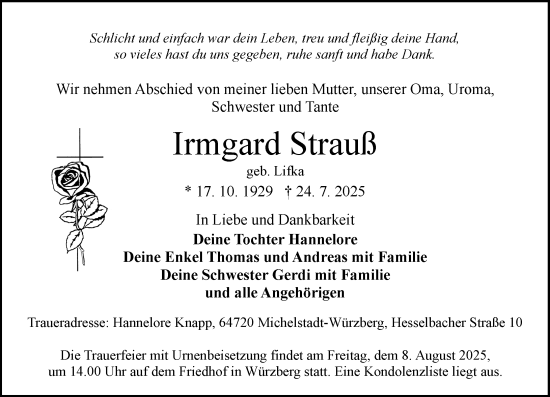 Traueranzeige von Irmgard Strauss von Odenwälder Echo
