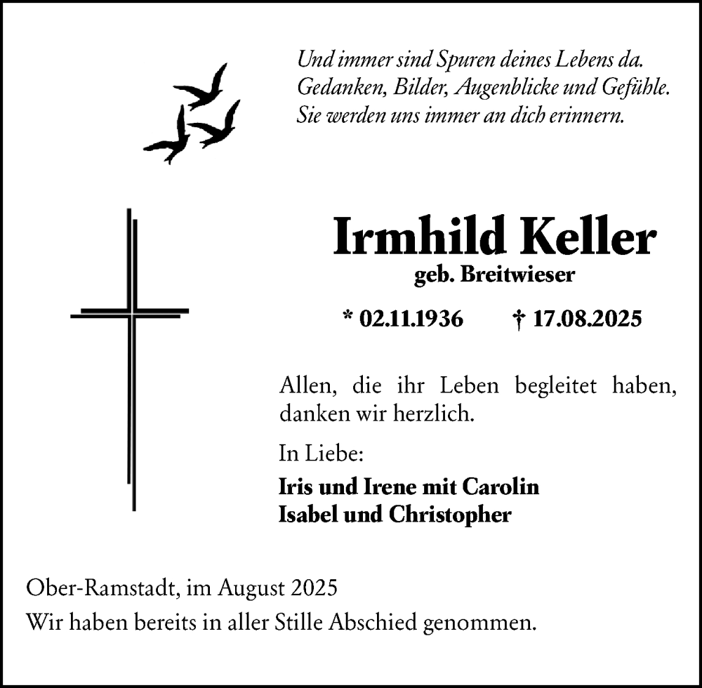  Traueranzeige für Irmhild Keller vom 23.08.2025 aus Darmstädter Echo
