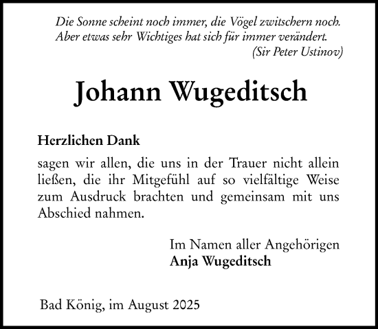 Traueranzeige von Johann Wugeditsch von Odenwälder Echo
