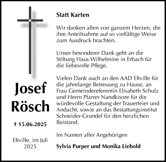 Traueranzeige von Josef Rösch von Rheingau Kurier